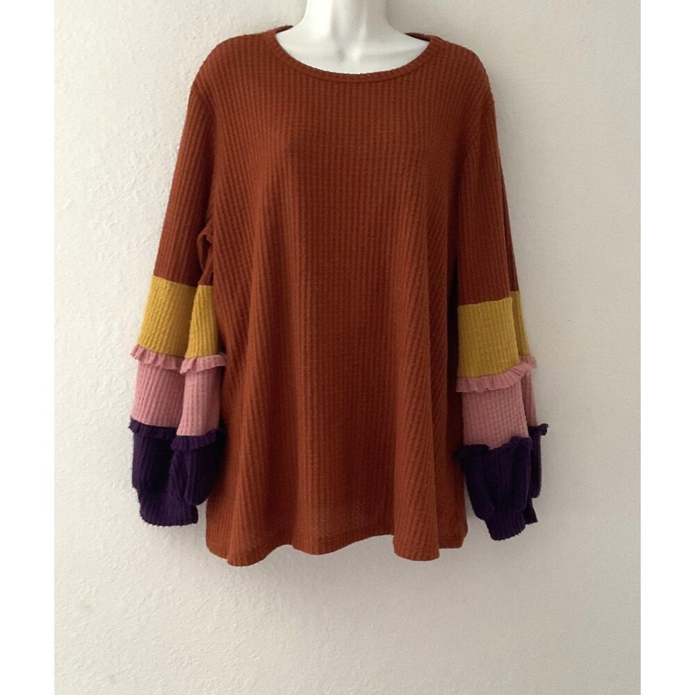 CY Fashion Colorblock Ruffle Sleeve Top Rust Large - Picture 4 of 9